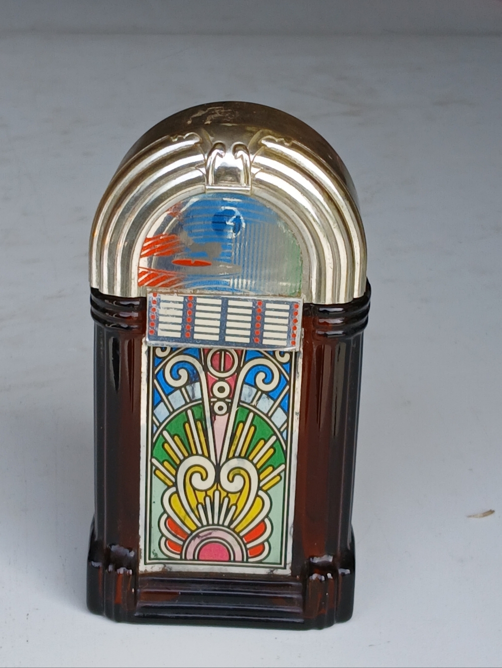 Vintage Avon Amber Glass Bottle Juke Box Metallic Gold Cap